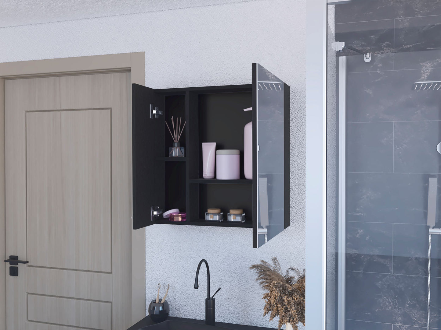 Modern black medicine cabinet with glass doors displaying skincare products