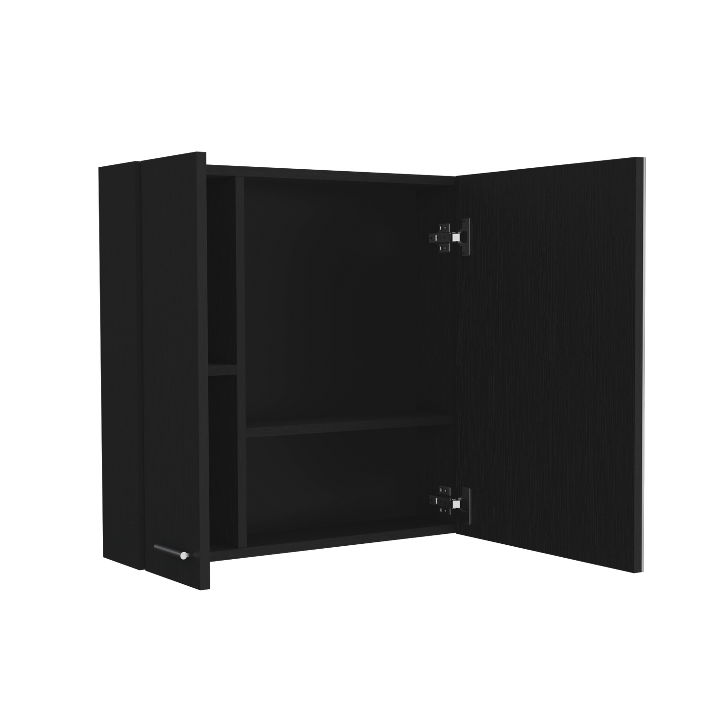 Black modern cabinet with two shelves and open doors