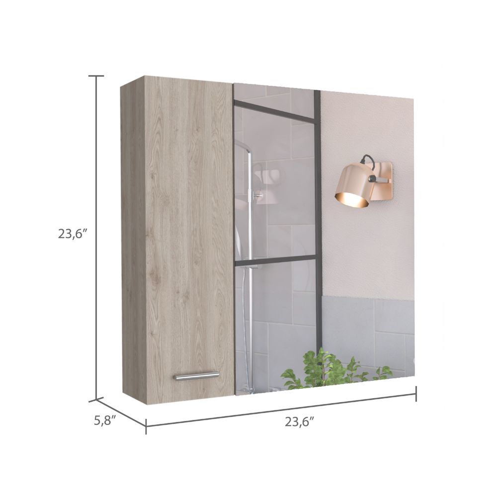 Light oak medicine cabinet with a mirrored door and silver handle