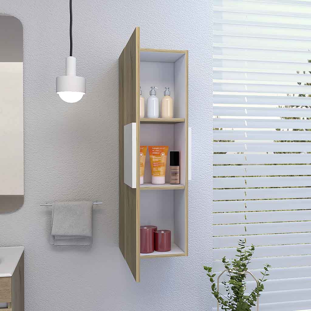 Wall mounted bathroom cabinet with light wood finish and white accents holding toiletries