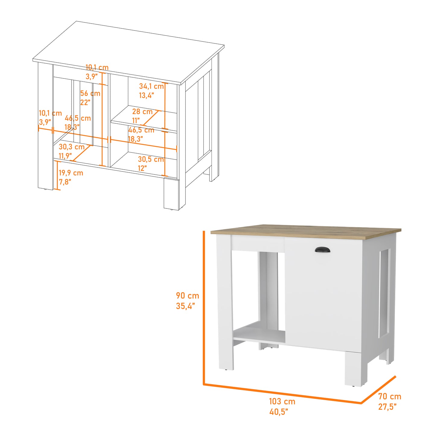 White and wood tone kitchen island cart with dimensions