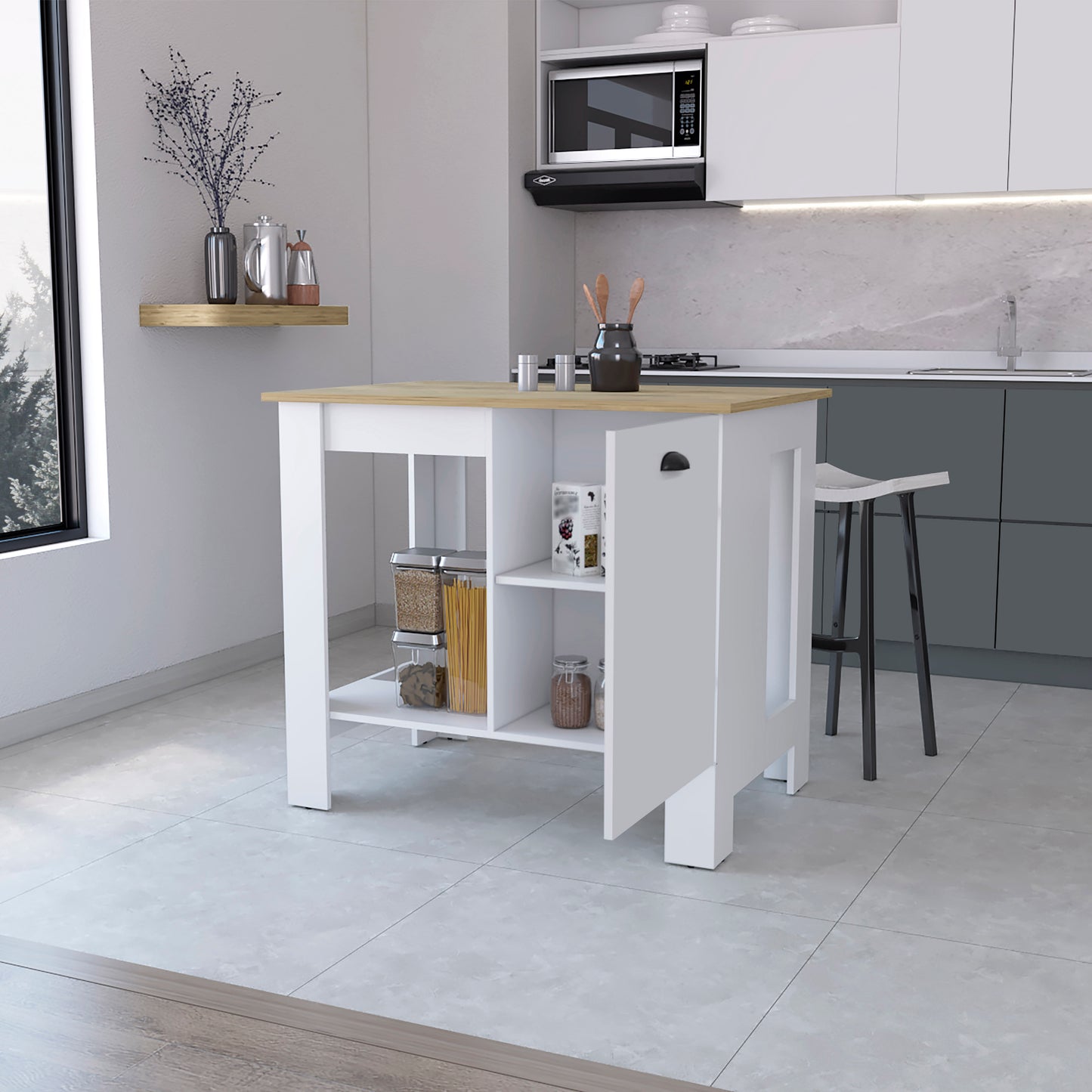 White kitchen island with wood countertop and open shelves holding pantry items