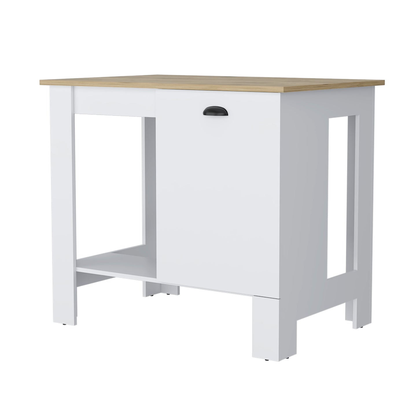 White and wood kitchen island with a drawer and open shelving