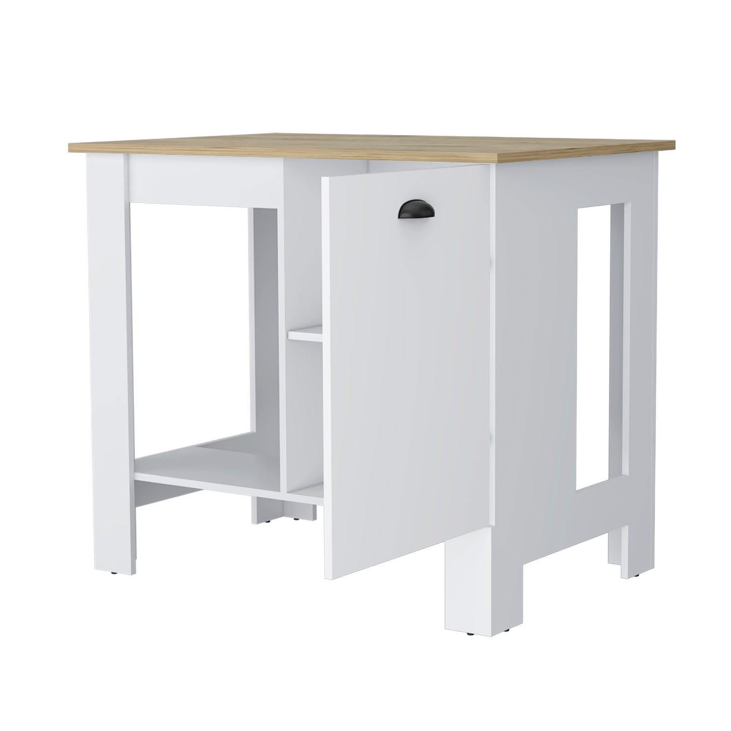 White and wood kitchen island with open shelving and one cabinet door