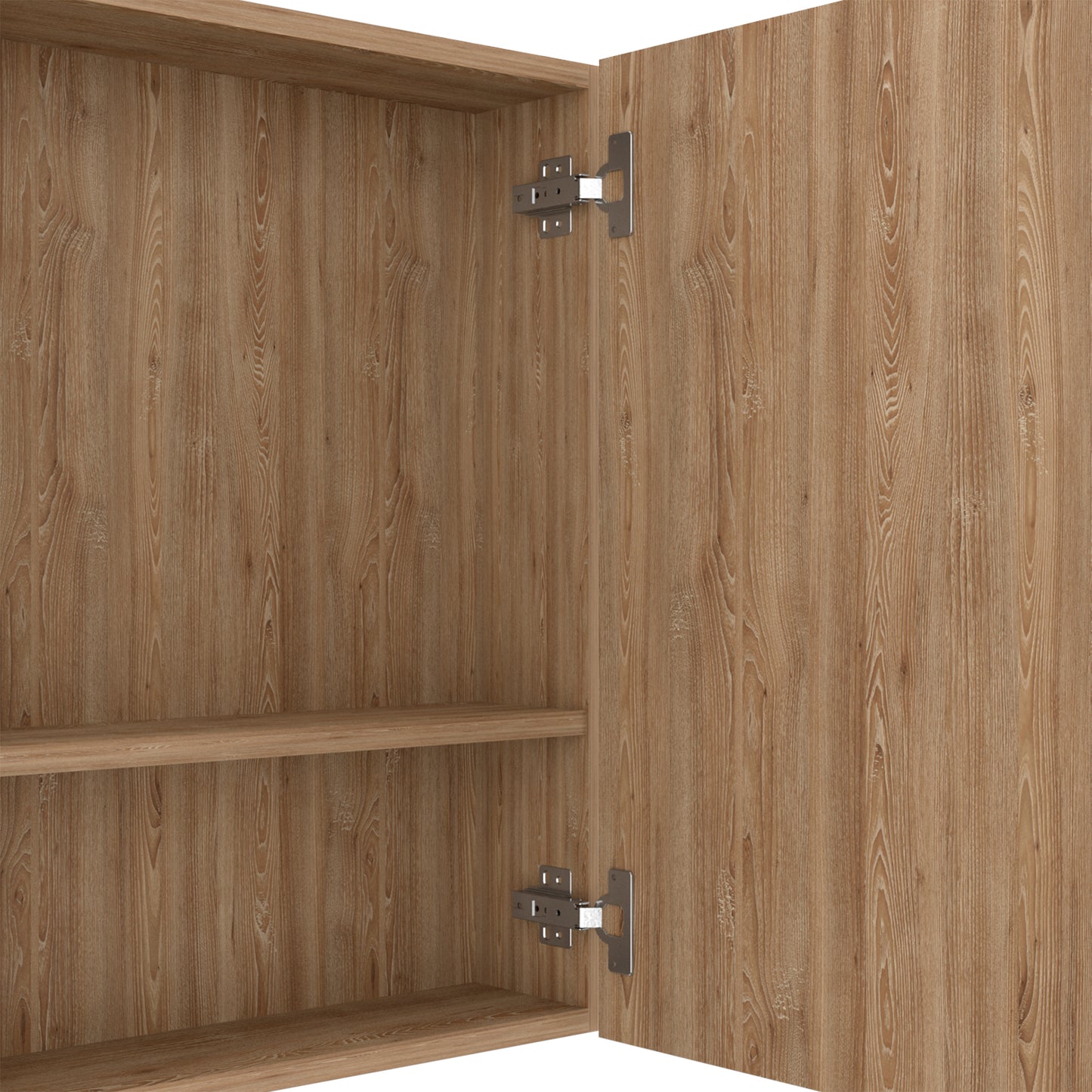 Interior of an open light brown wood grain cabinet with two shelves and visible chrome hinges