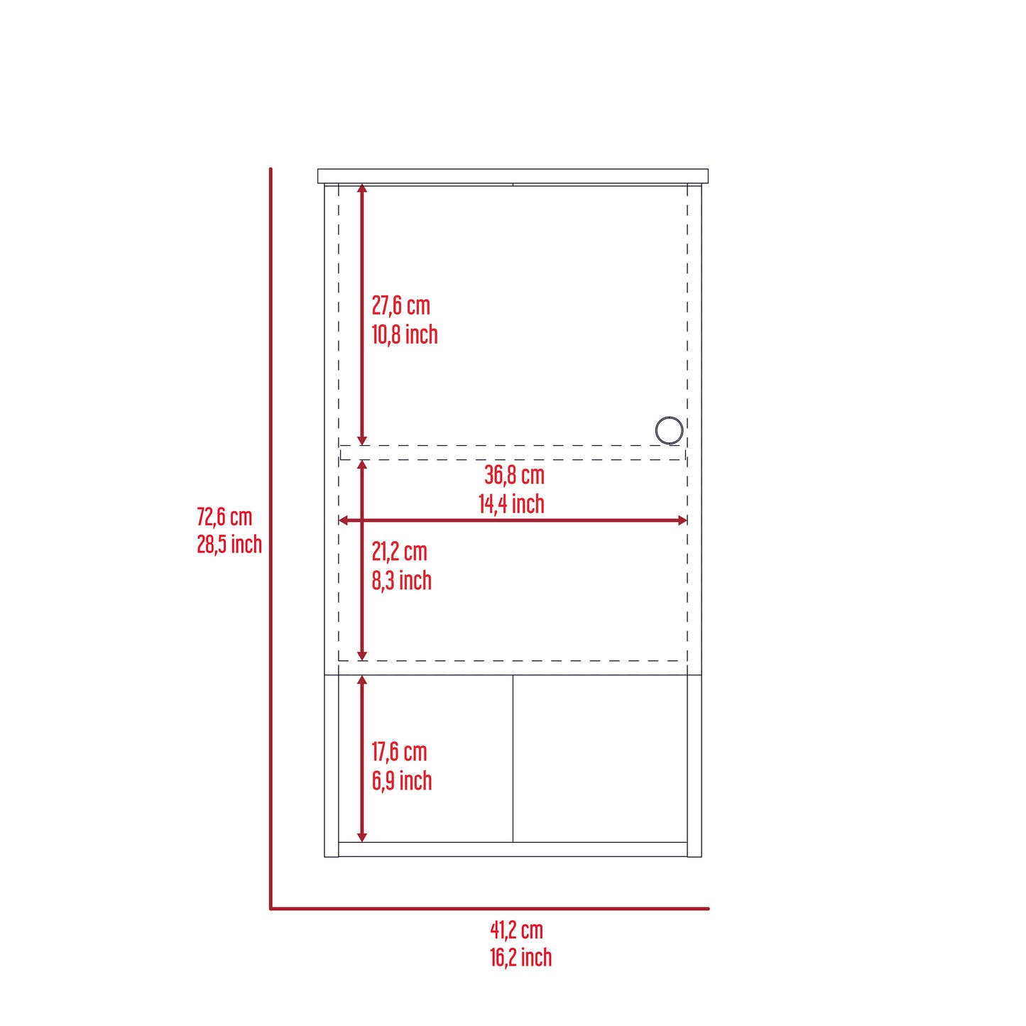 Line drawing of a narrow white cabinet with internal dimensions Height cm width cm