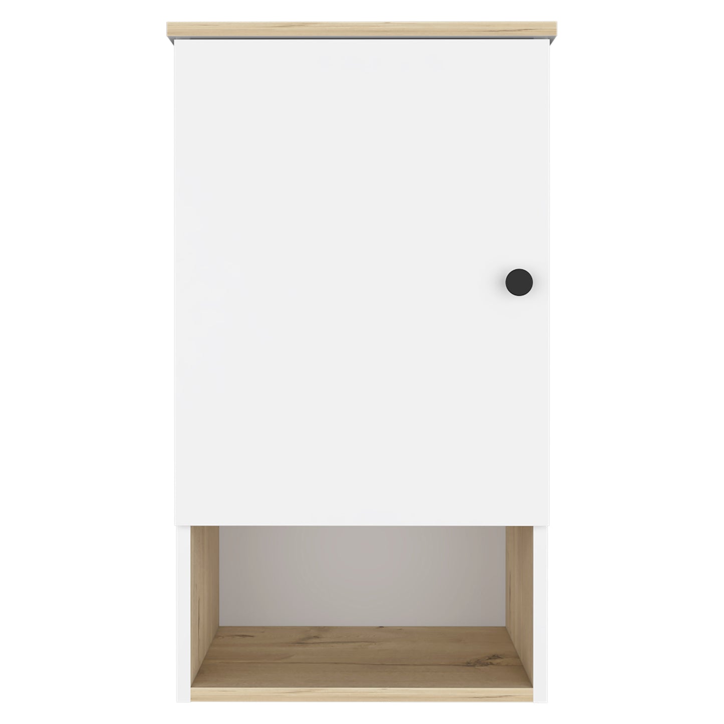 Modern white wall cabinet with wood accents and black knob ideal for small spaces