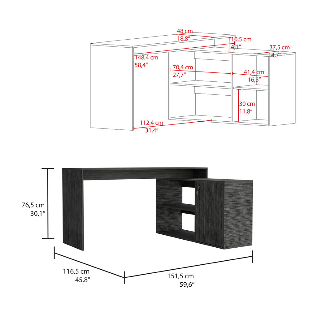 Lshaped modular desk with dark wood finish and integrated shelving unit