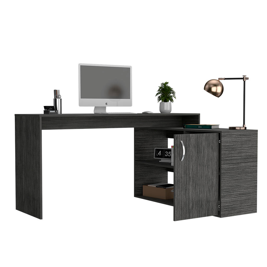 Modern dark gray laminate Lshaped computer desk with storage cabinet and open shelving