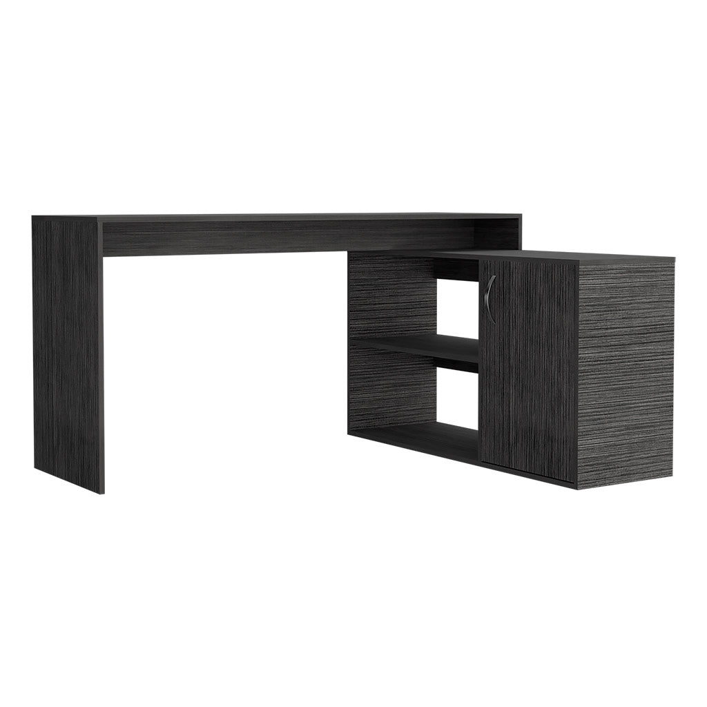 Dark grey laminate modern desk with open shelving and a cabinet
