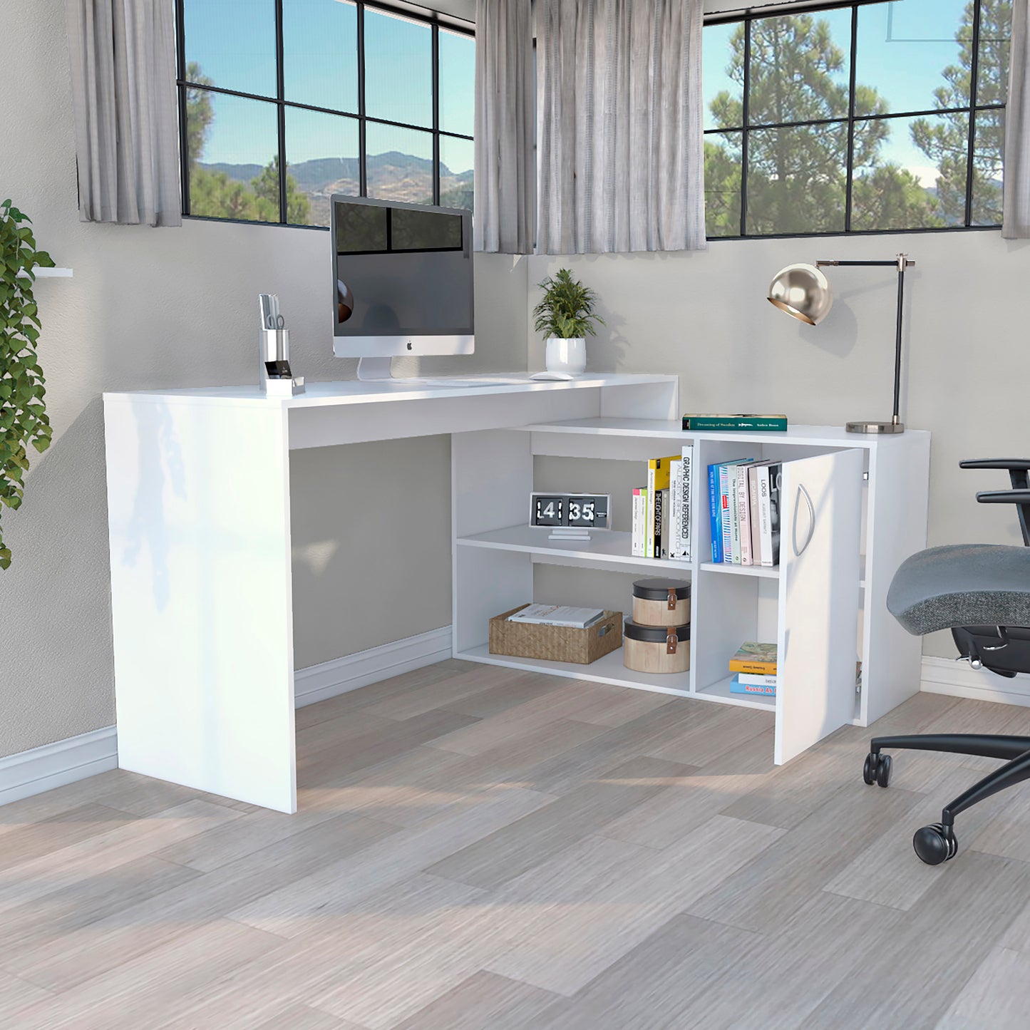 Modern white Lshaped computer desk with storage shelves and cabinet