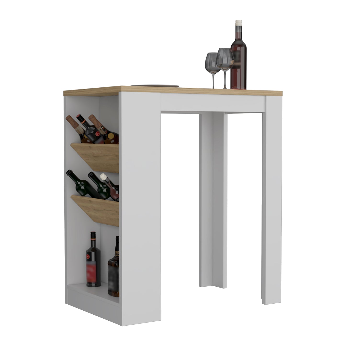 Modern white bar cabinet with oak wood accents and wine rack