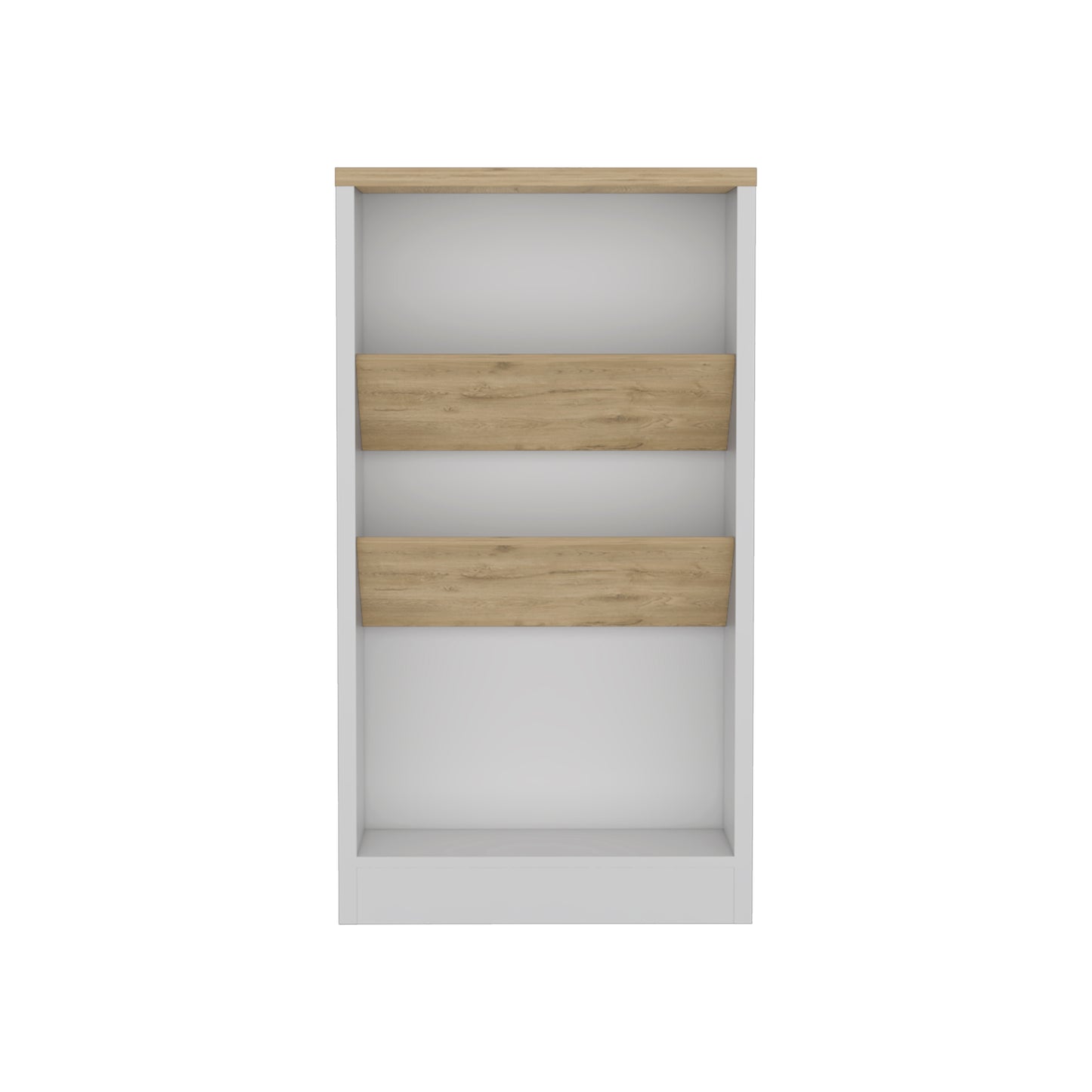White and wood veneer bookshelf with three shelves