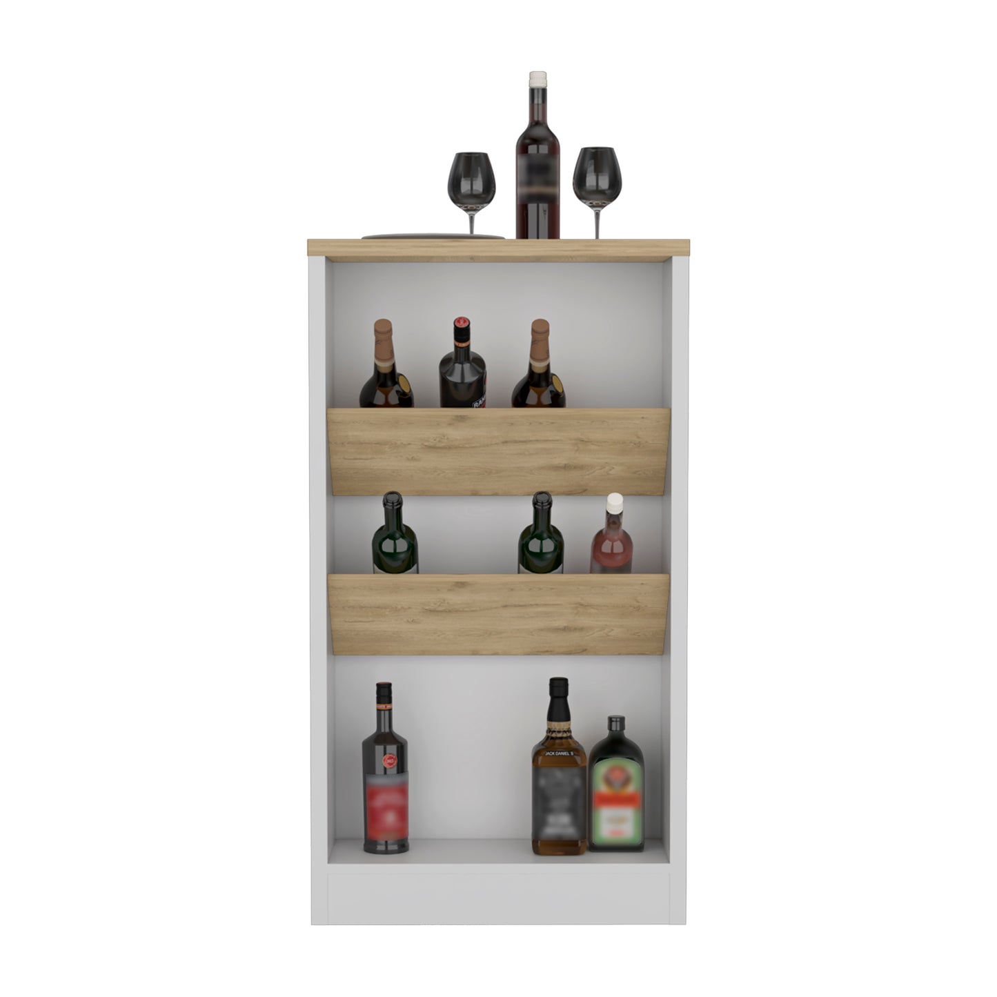 Modern white and wood wine cabinet with assorted bottles and glasses