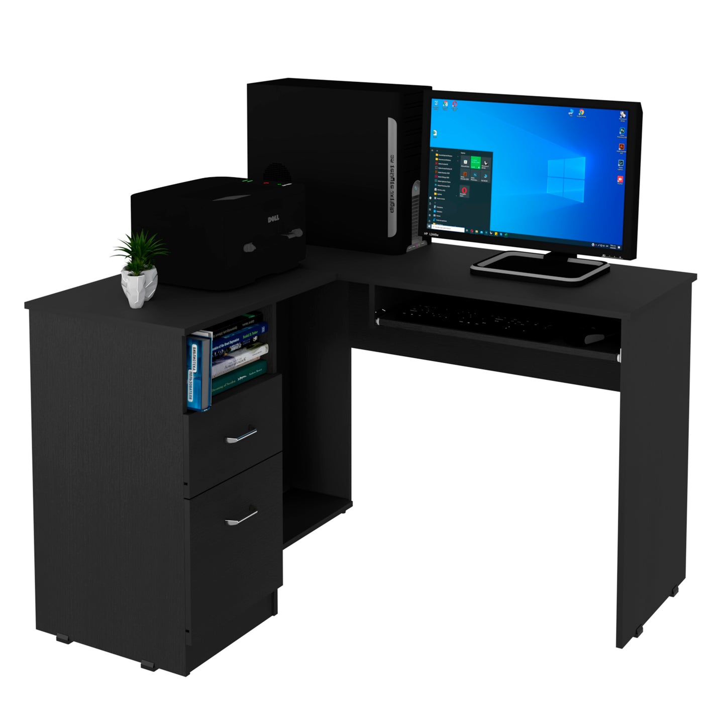 Black Lshaped computer desk with builtin shelving and drawers perfect for home office setups