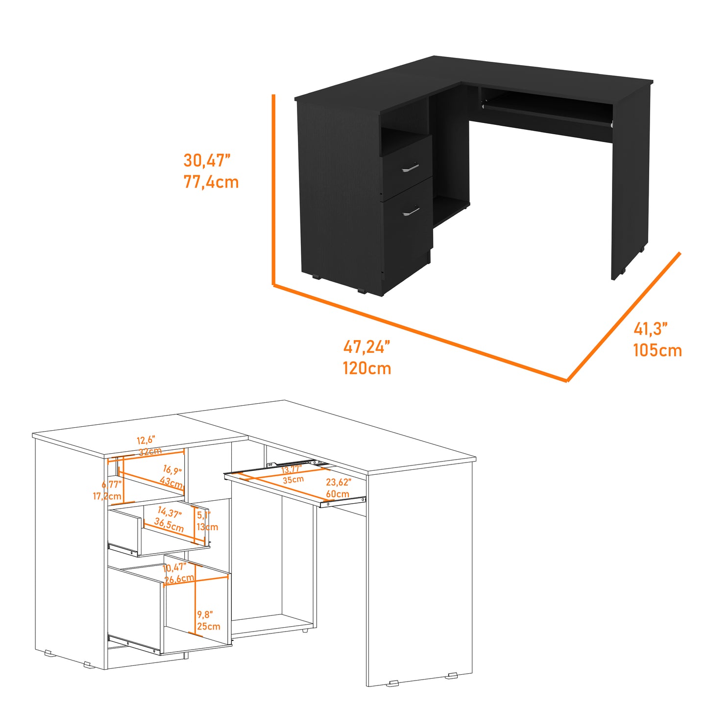 Black Lshaped desk with drawers and a keyboard tray ideal for home offices