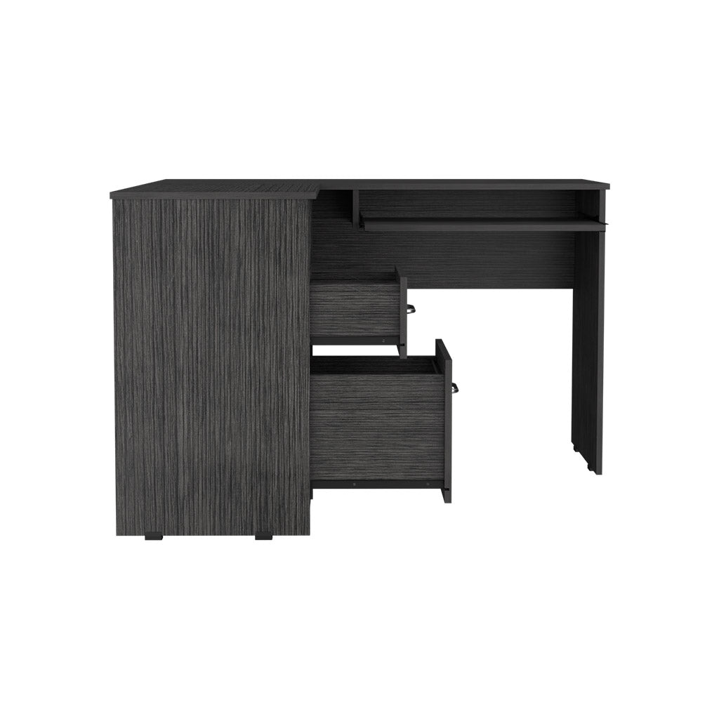 Modern gray wood computer desk with open pullout keyboard tray and two drawers
