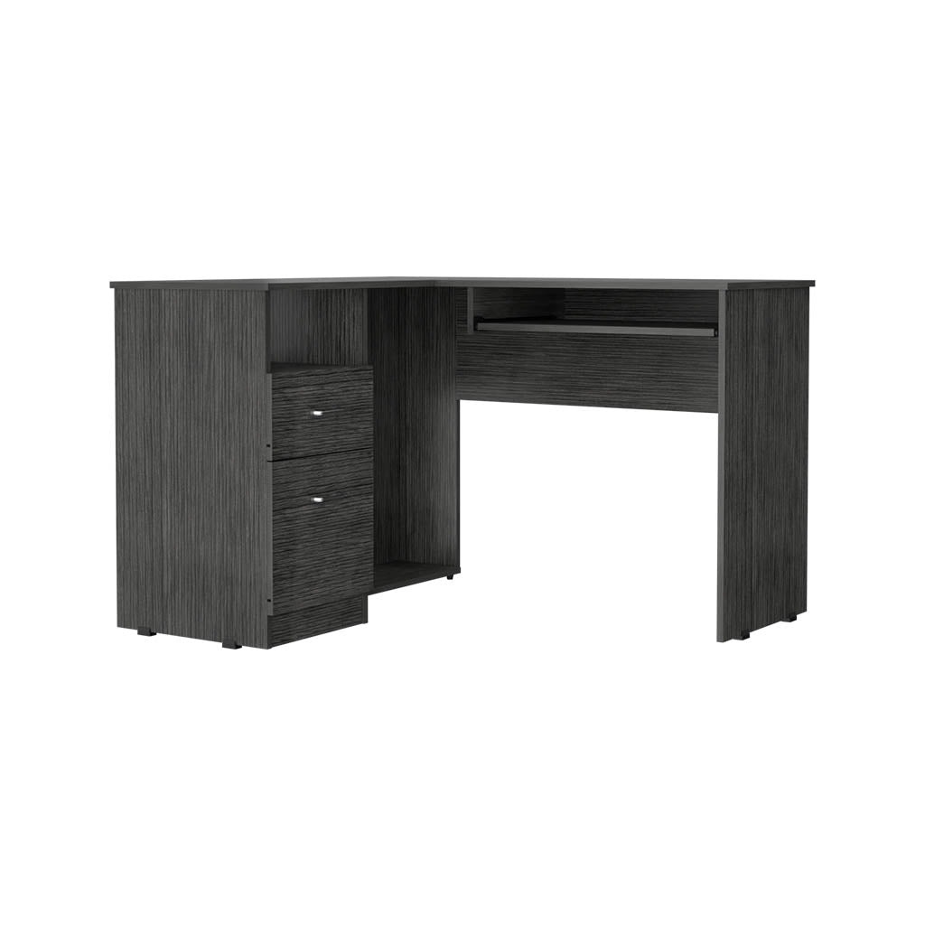 Dark gray wood grain modern computer desk with keyboard tray and drawers