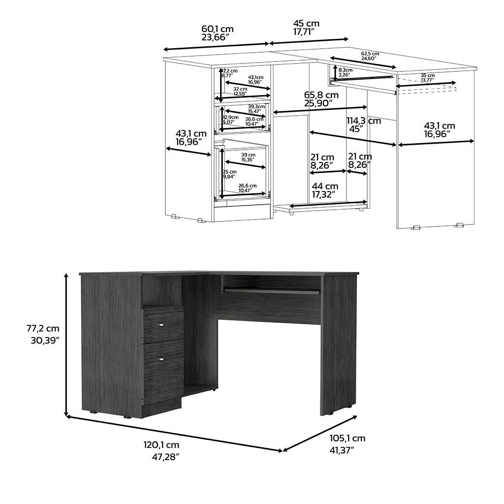 Detailed technical drawing of a dark wood Lshaped computer desk showing dimensions for assembly