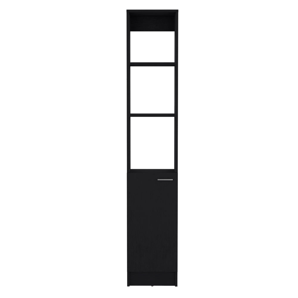 Tall black shelving unit with one cabinet door and three open shelves