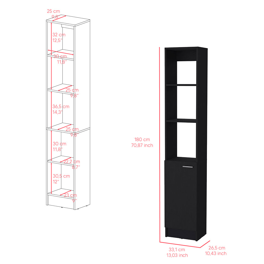 Black narrow storage cabinet with open shelves and a single door