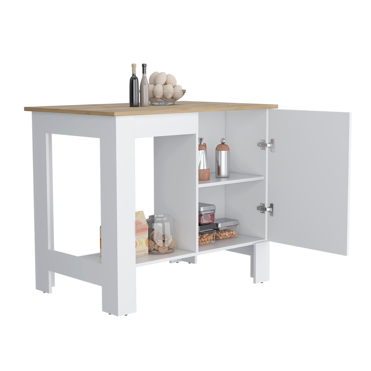 White kitchen island with oak countertop and open cabinet doors