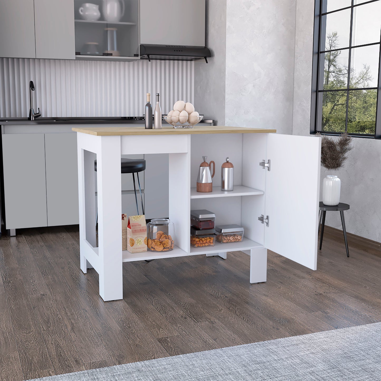 White kitchen island with natural wood countertop and open storage