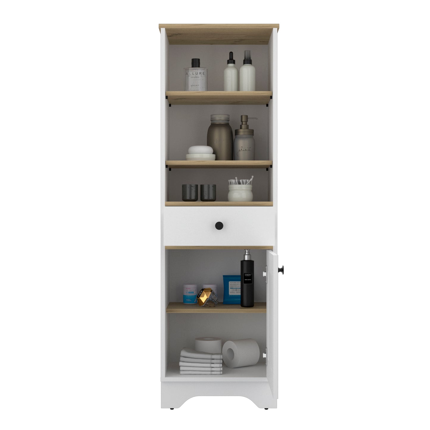 Tall white and wood bathroom cabinet with open shelves showcasing toiletries