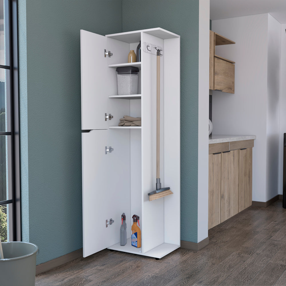 White utility cabinet with shelves hooks and a broom for cleaning supplies organization