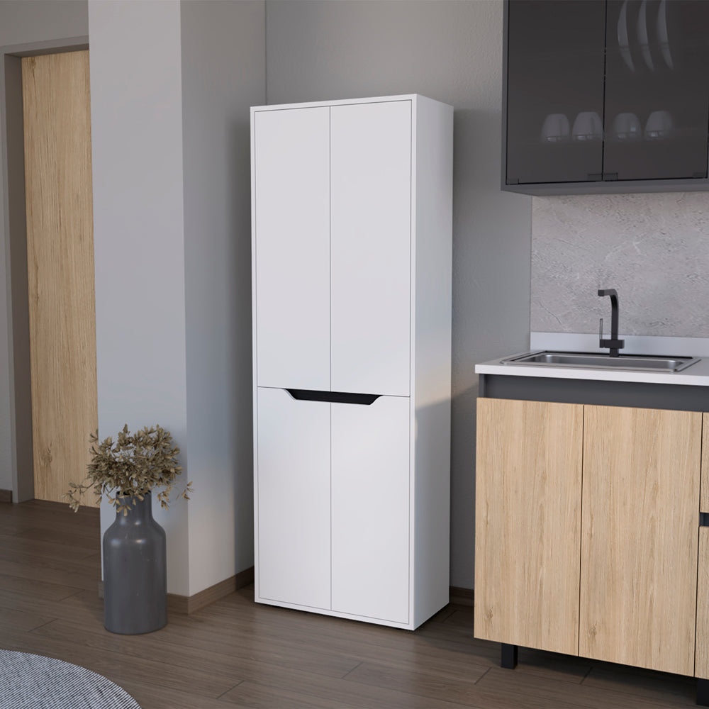 Tall white twodoor pantry cabinet with sleek modern design and black drawer pull