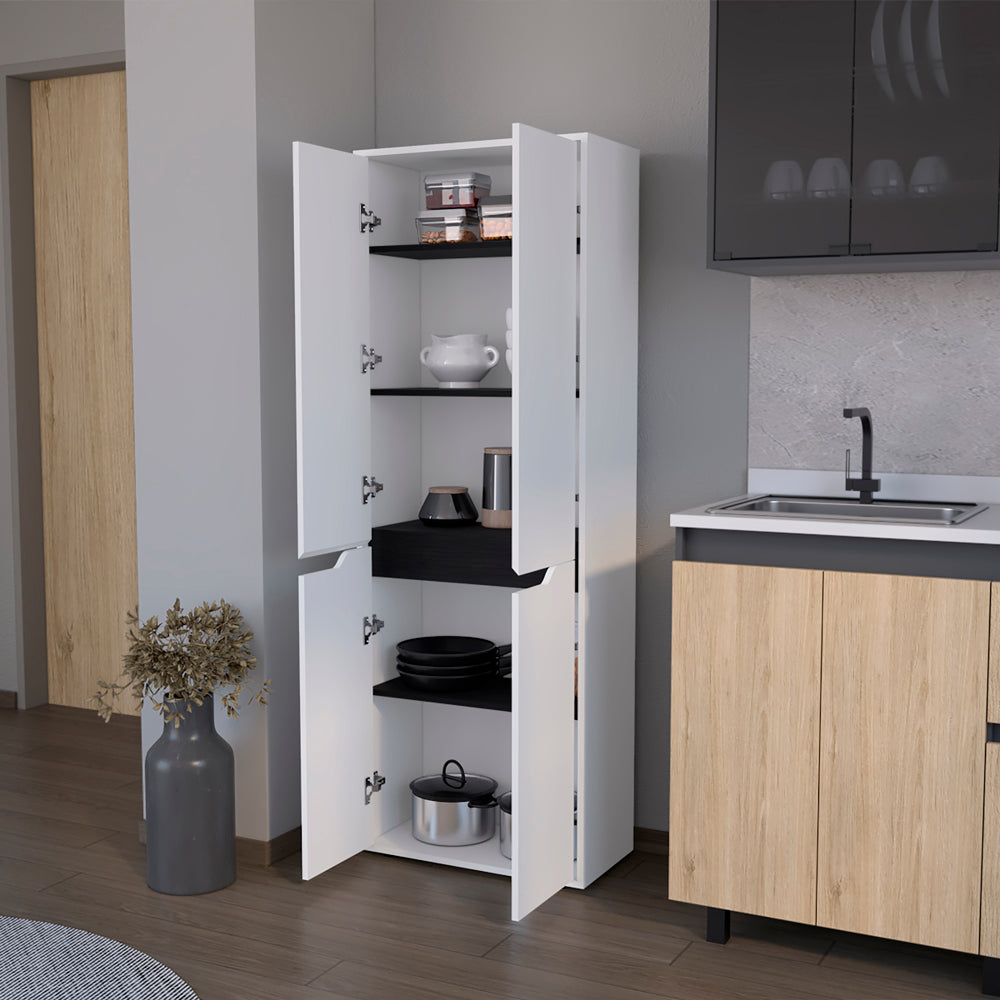 Tall white kitchen pantry cabinet with open doors storing cookware and pantry items