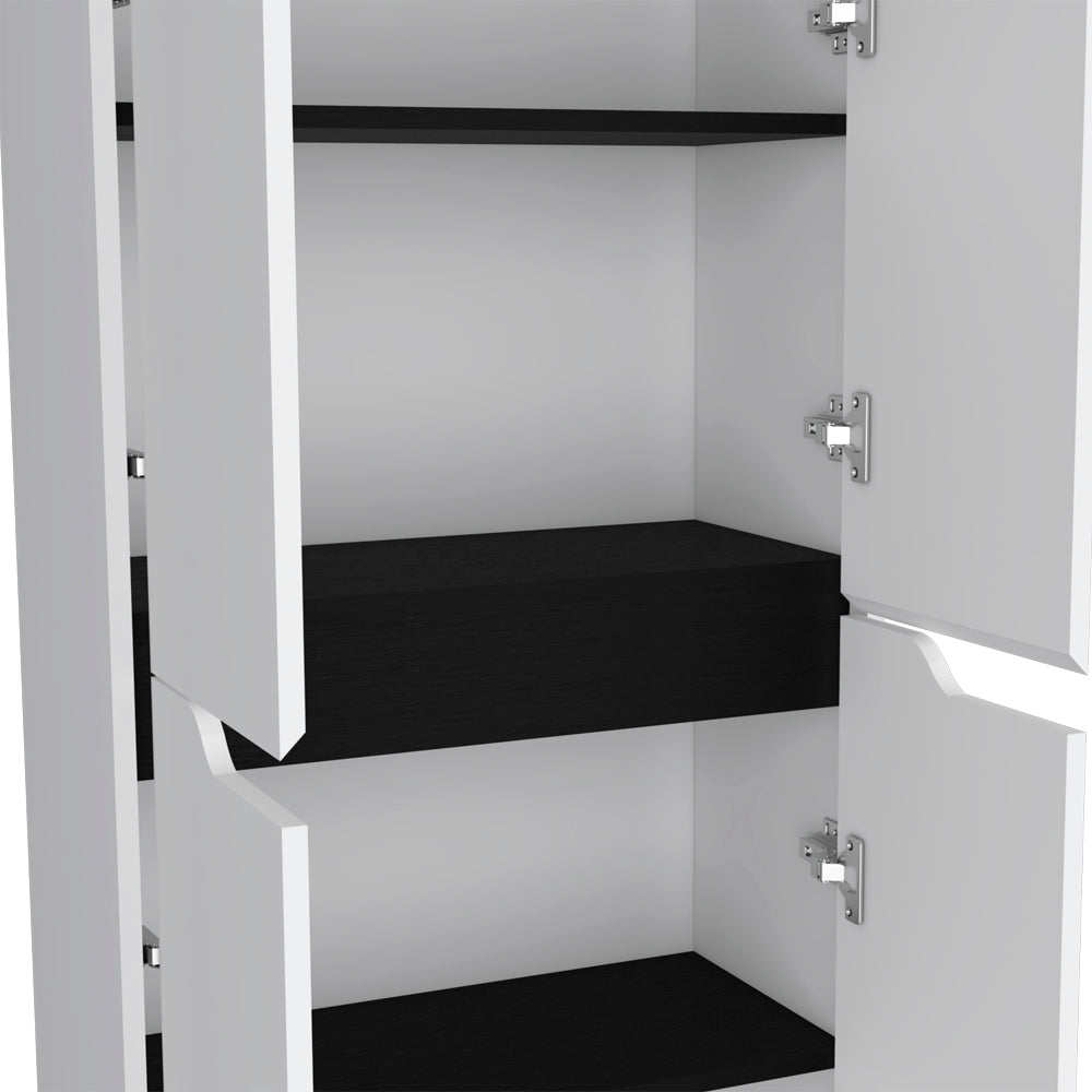 Modern white cabinet with black shelves and silver hinges ideal for storage