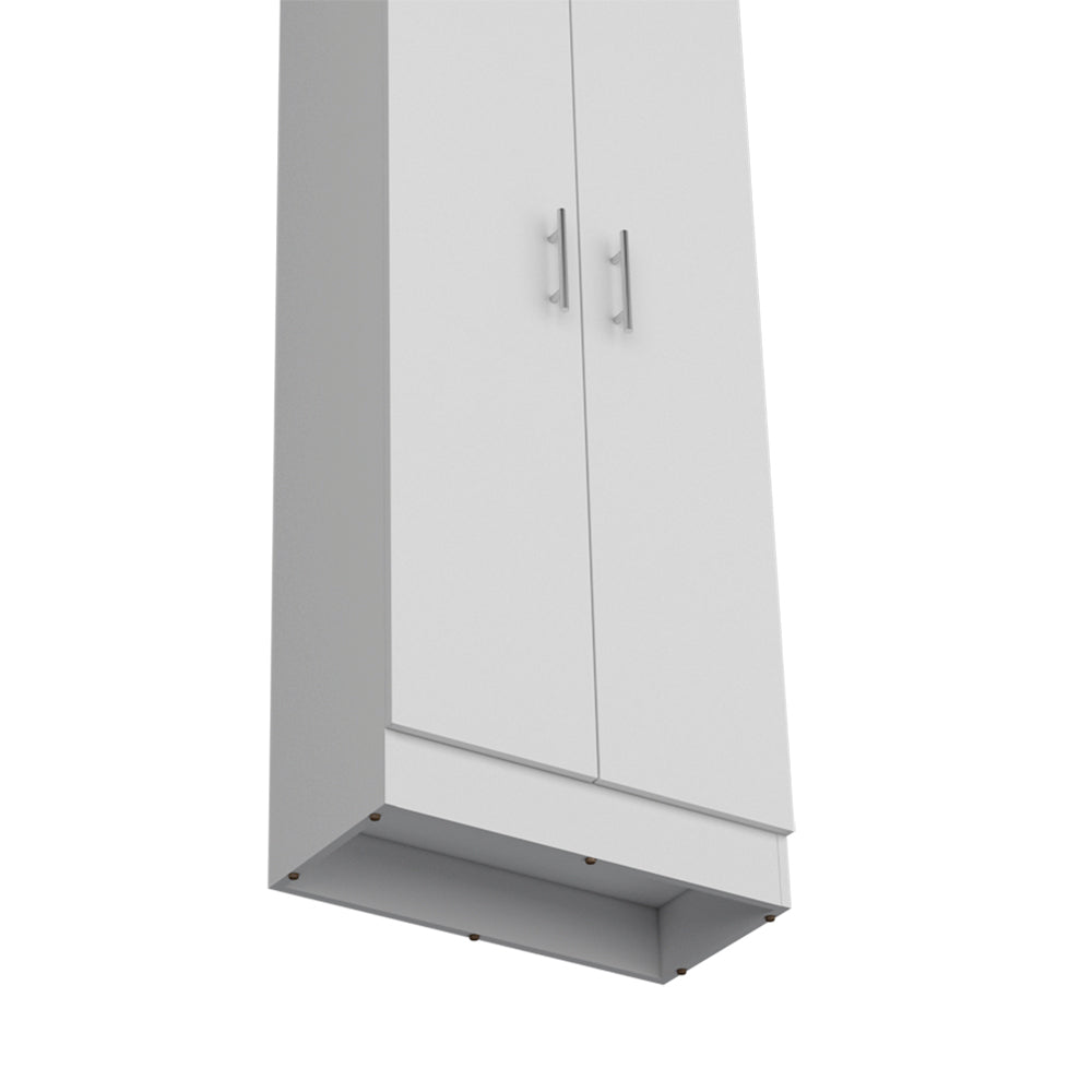White twodoor storage cabinet with brushed nickel handles ideal for home organization