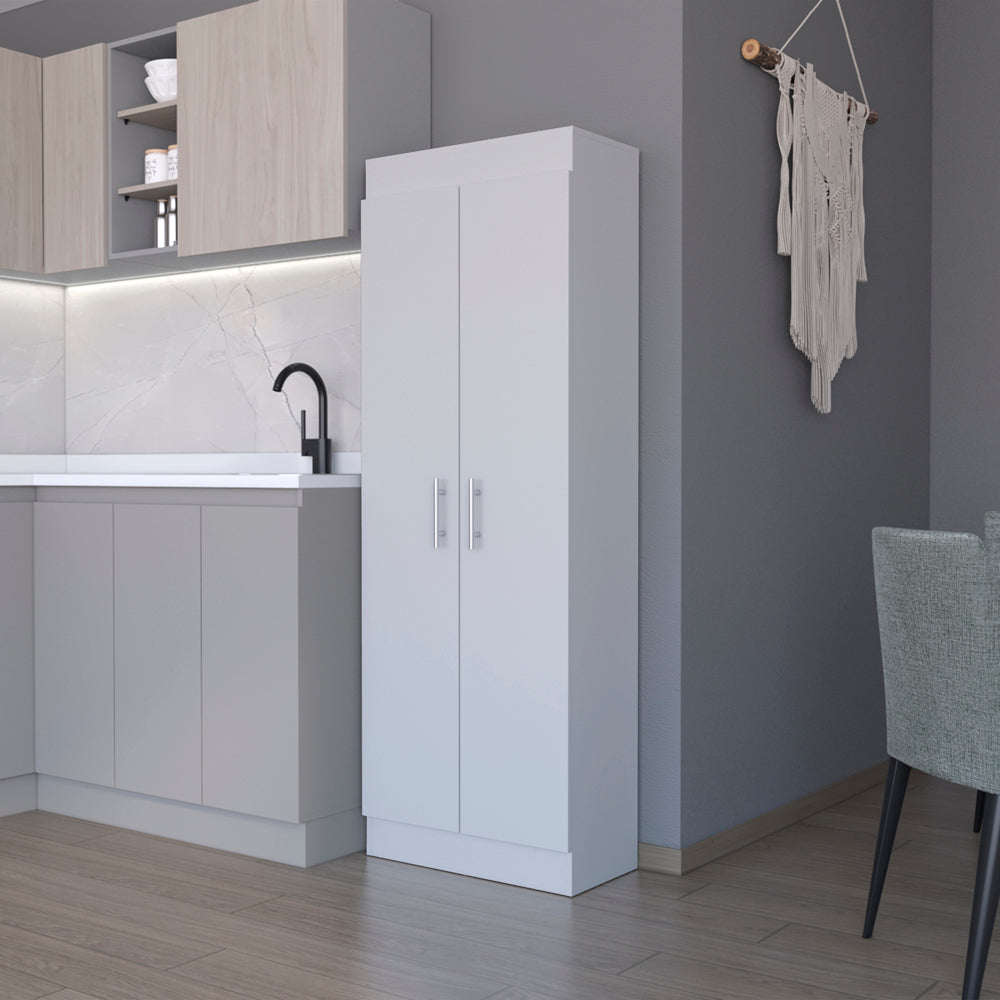 Tall white kitchen pantry with two doors and silver handles modern design