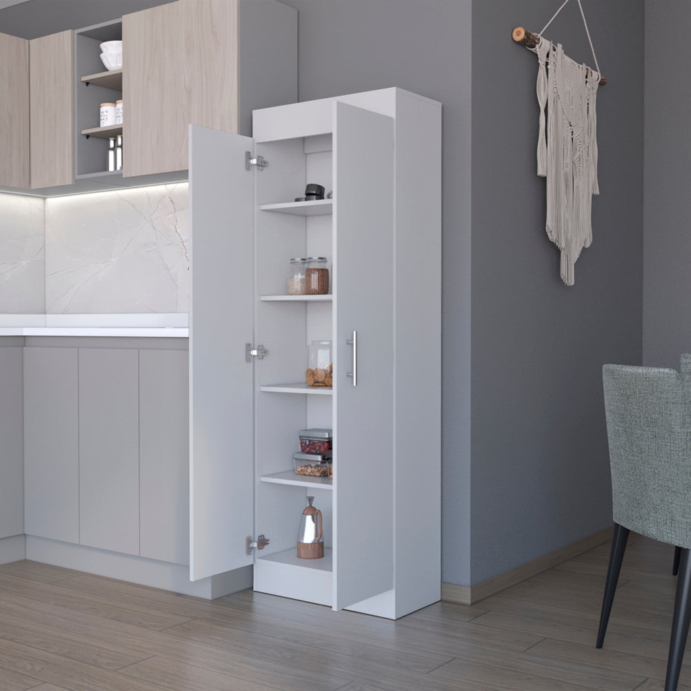 White tall kitchen pantry cabinet with open doors showing shelves of food items
