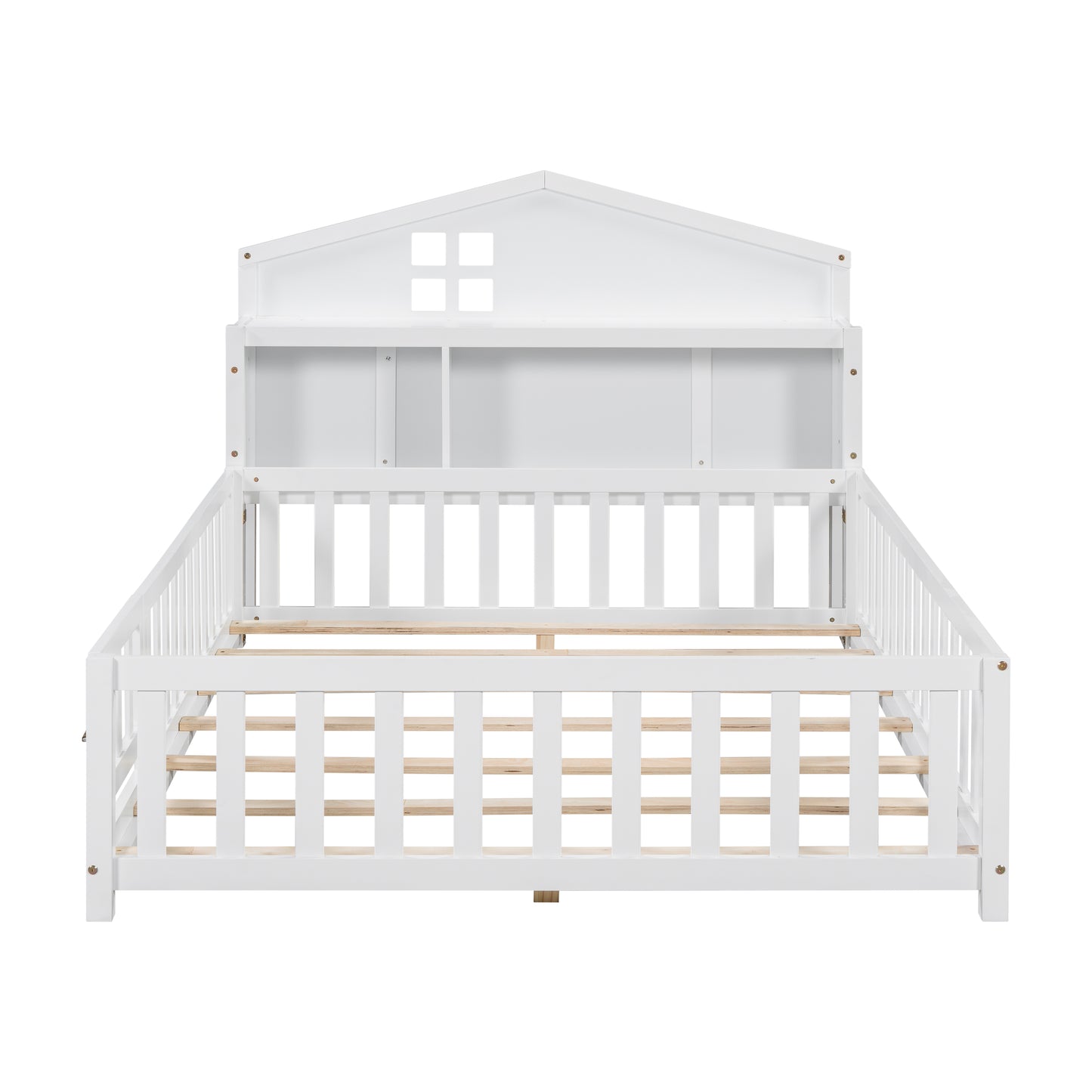 White wooden house bed frame with slatted base and builtin shelf