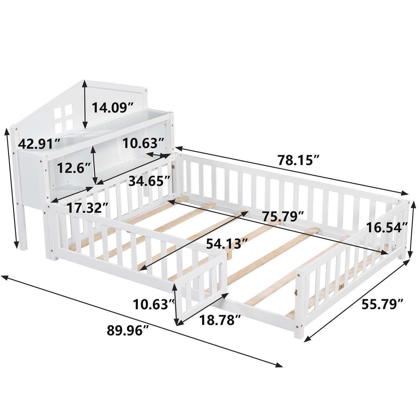 White wooden twin bed with builtin bookshelf and guardrails for children