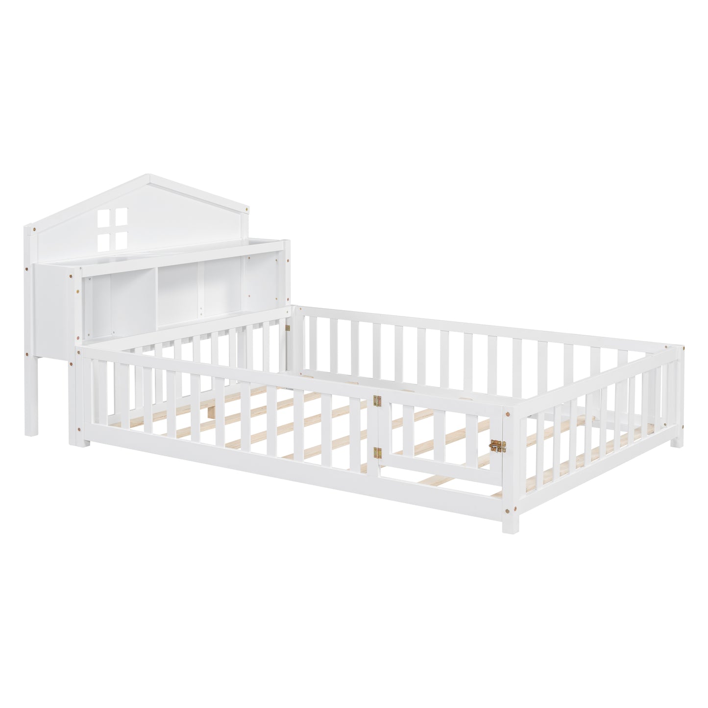 White wooden toddler bed with houseshaped headboard and bookshelf