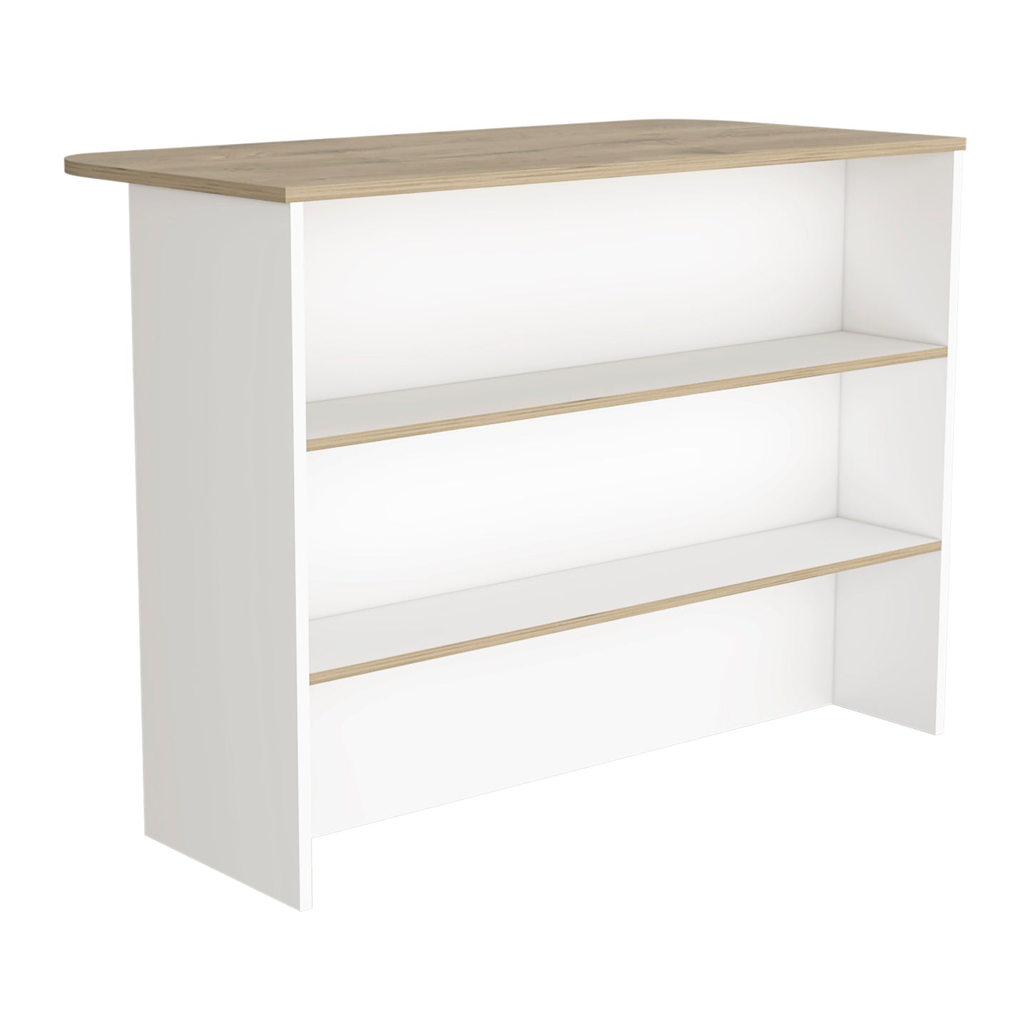 White bookshelf with three wooden shelves and a light oak top