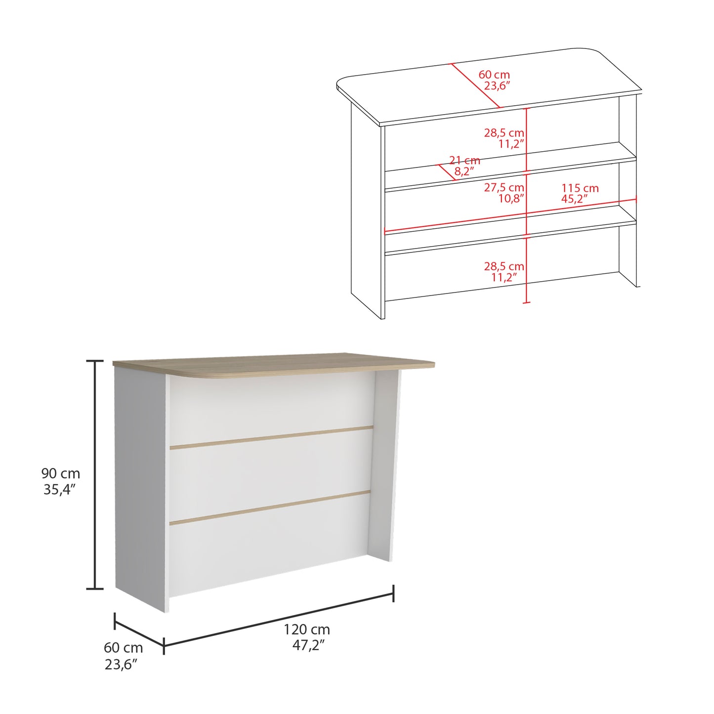 White and wood desk with three drawers and open shelving cm wide perfect for home office