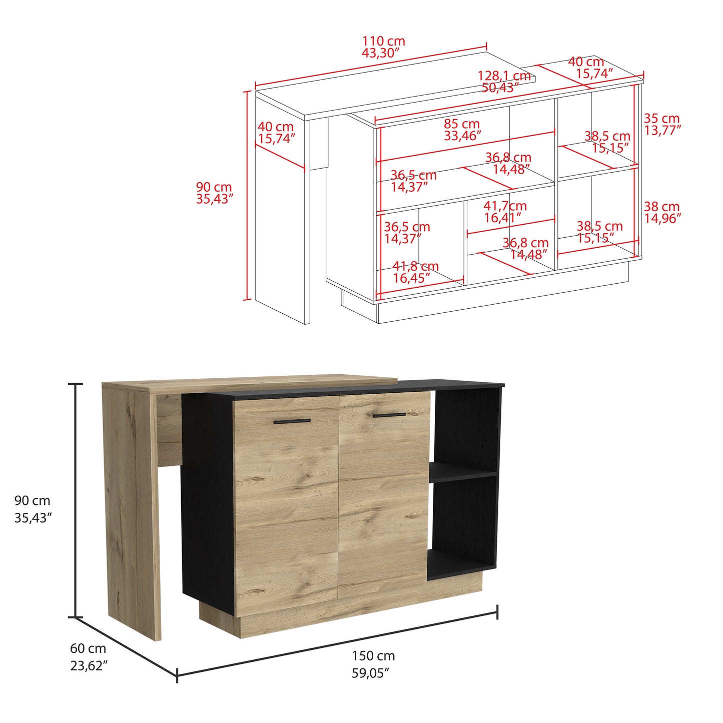 Modern oak and black sideboard with multiple storage compartments for home organization