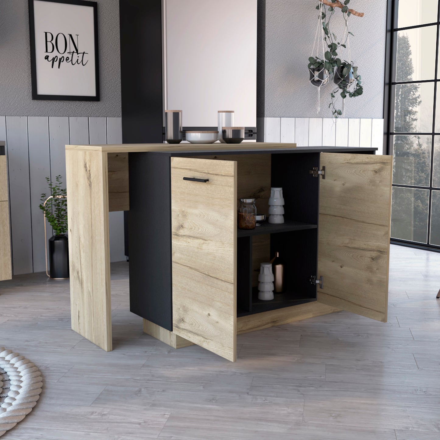 Modern kitchen island with oak veneer finish and black accents open cabinets reveal storage