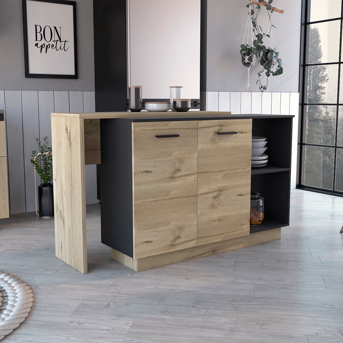 Modern kitchen island with light wood and black finish featuring two drawers and open shelving