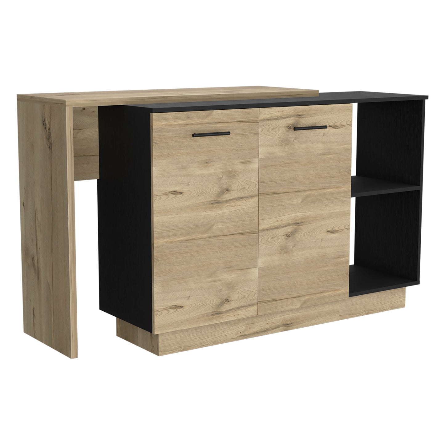 Modern oak and black console table with two drawers and open shelving unit