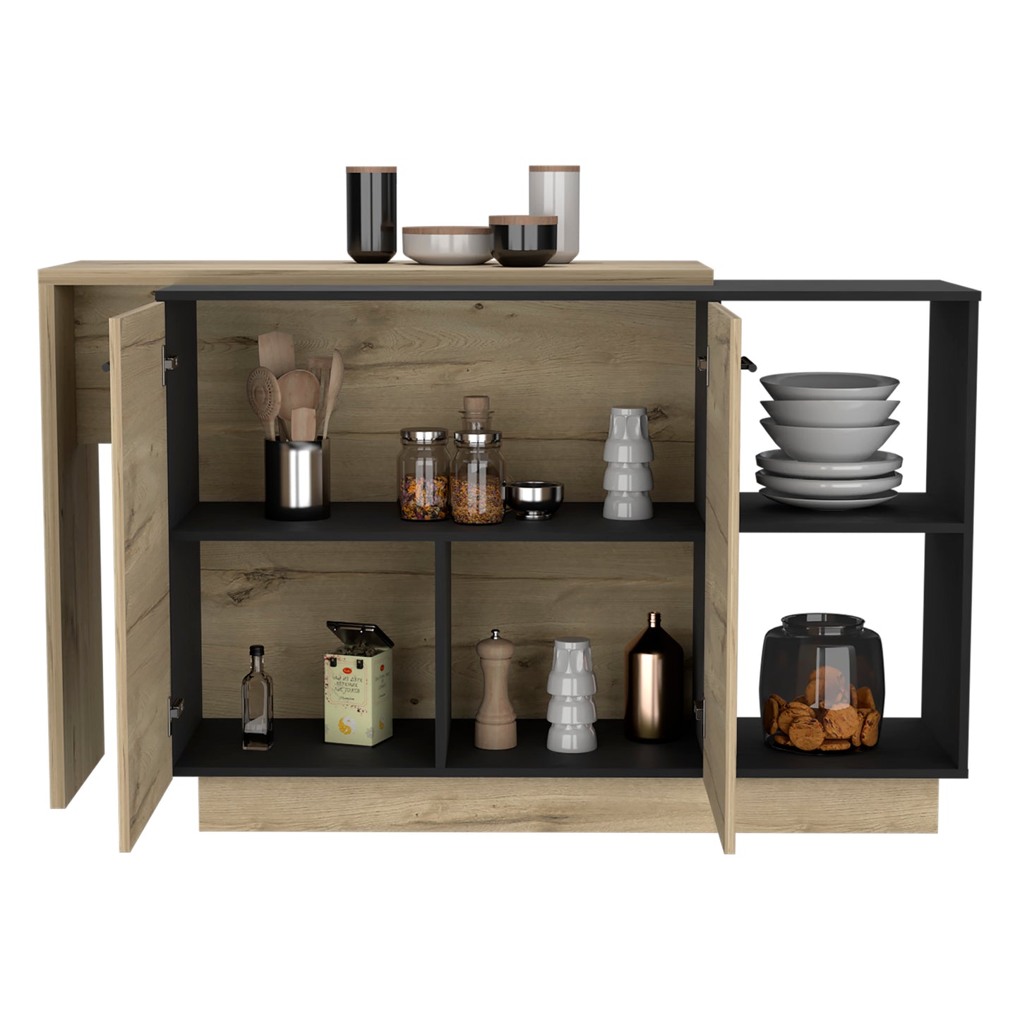 Modern buffet cabinet in light oak and black featuring kitchen utensils and glassware