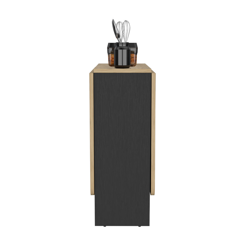 Modern gray and wood dining cart with kitchen utensils and jars on top