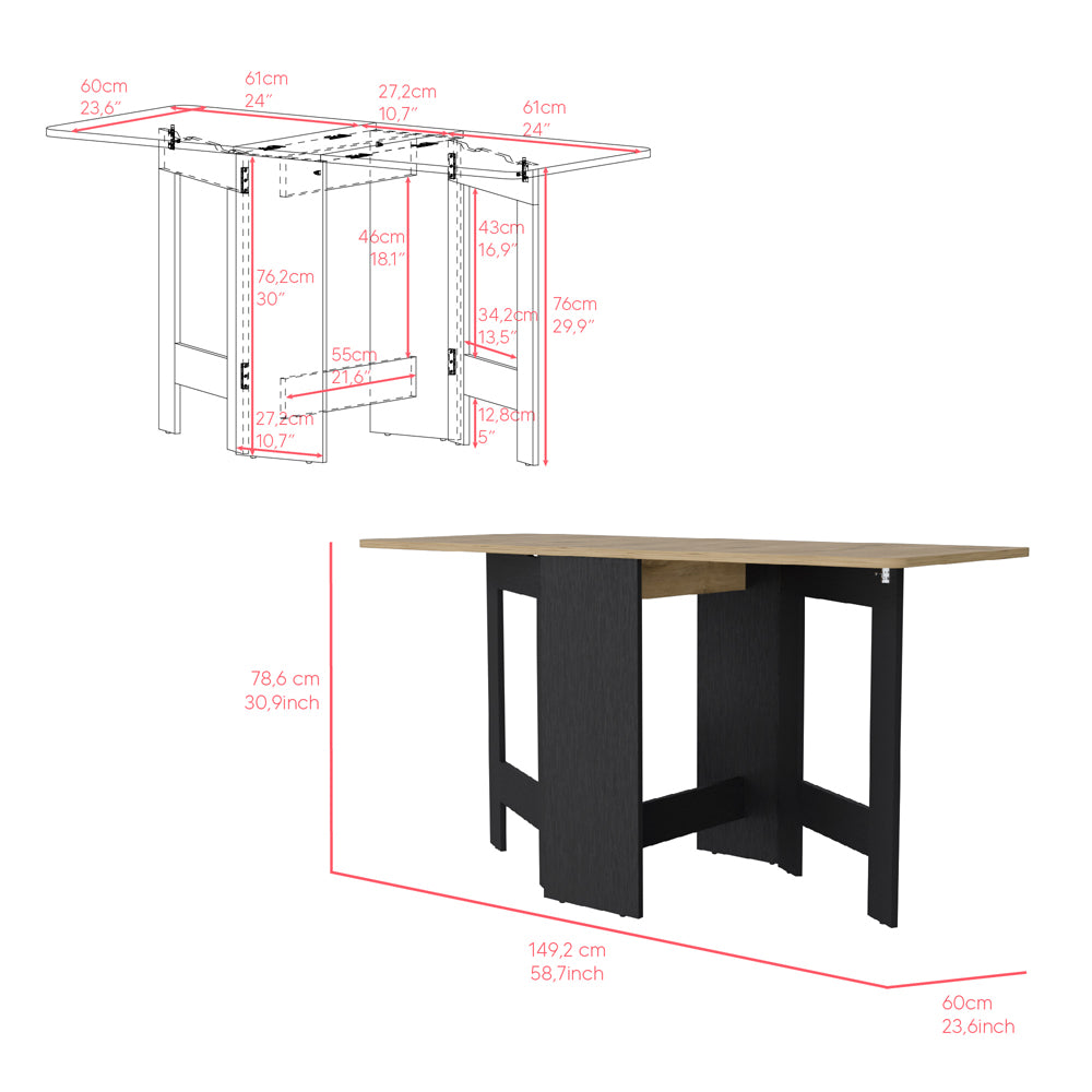 Foldable dining table with oak top and black base cm wide