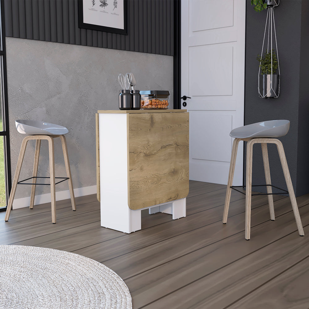 Compact white and wood dropleaf dining table with modern stools