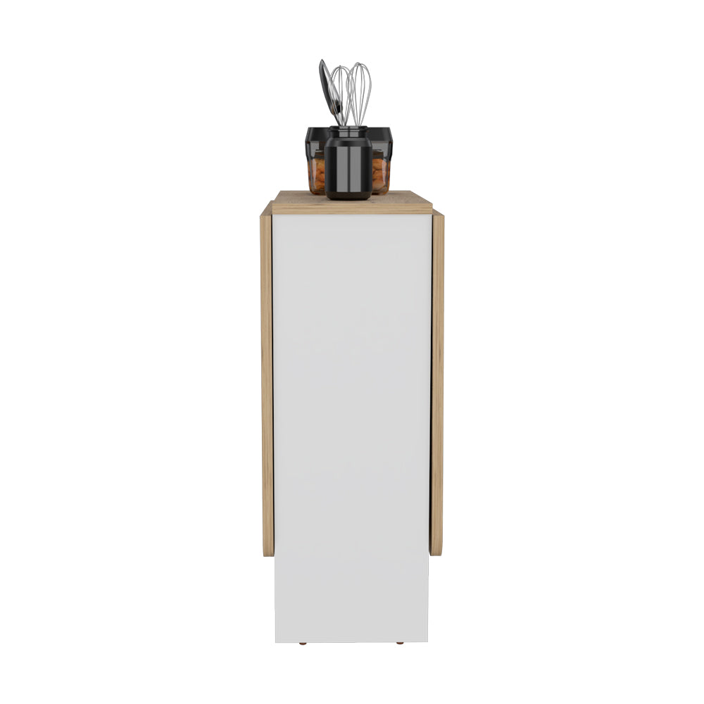 Modern white and wood bar cart with kitchen utensils and jars on top