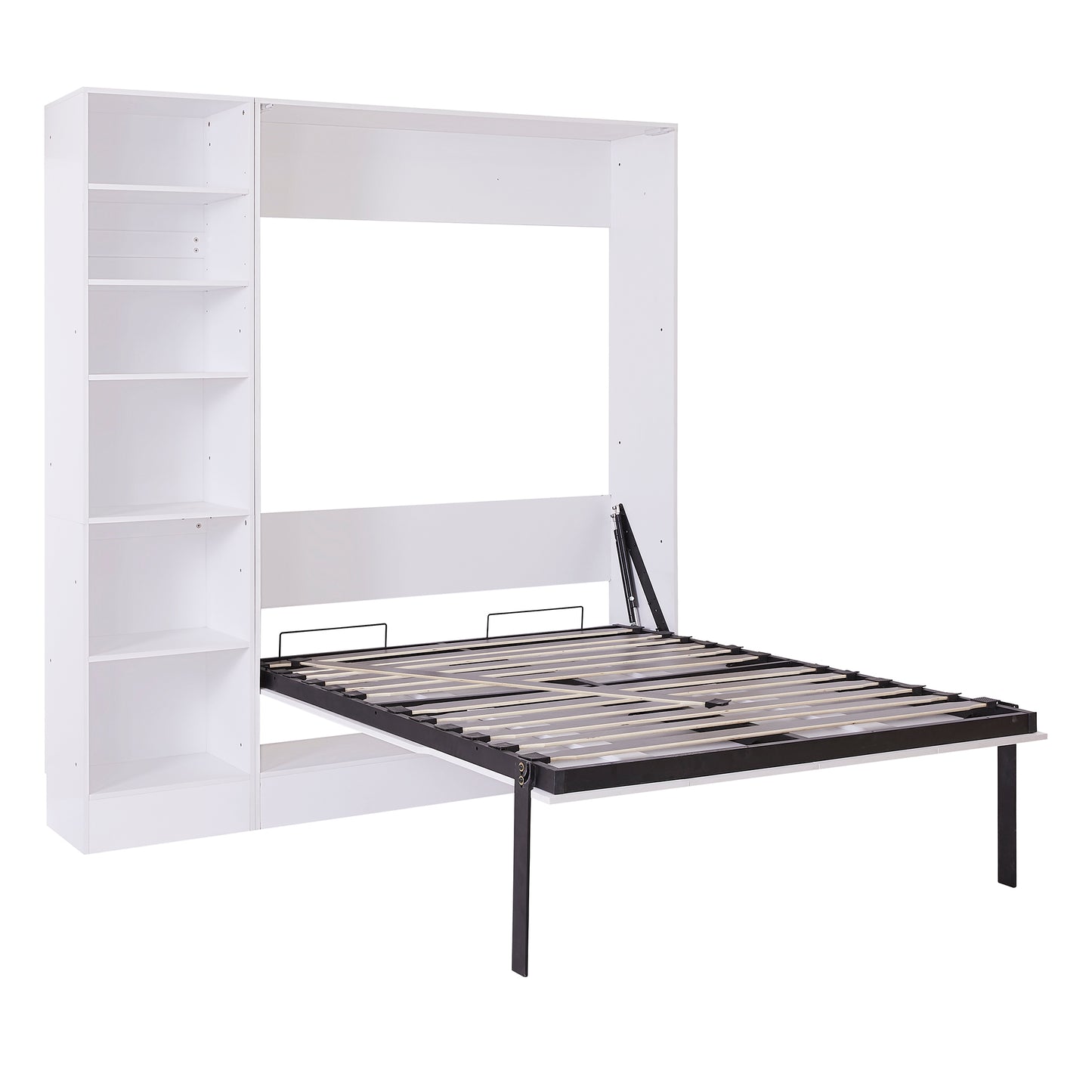 White wall bed with integrated shelving unit and open metal bed frame